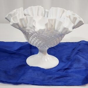 Fenton Milk Glass Hobnail Pedestal Bowl with Ruffled Edge